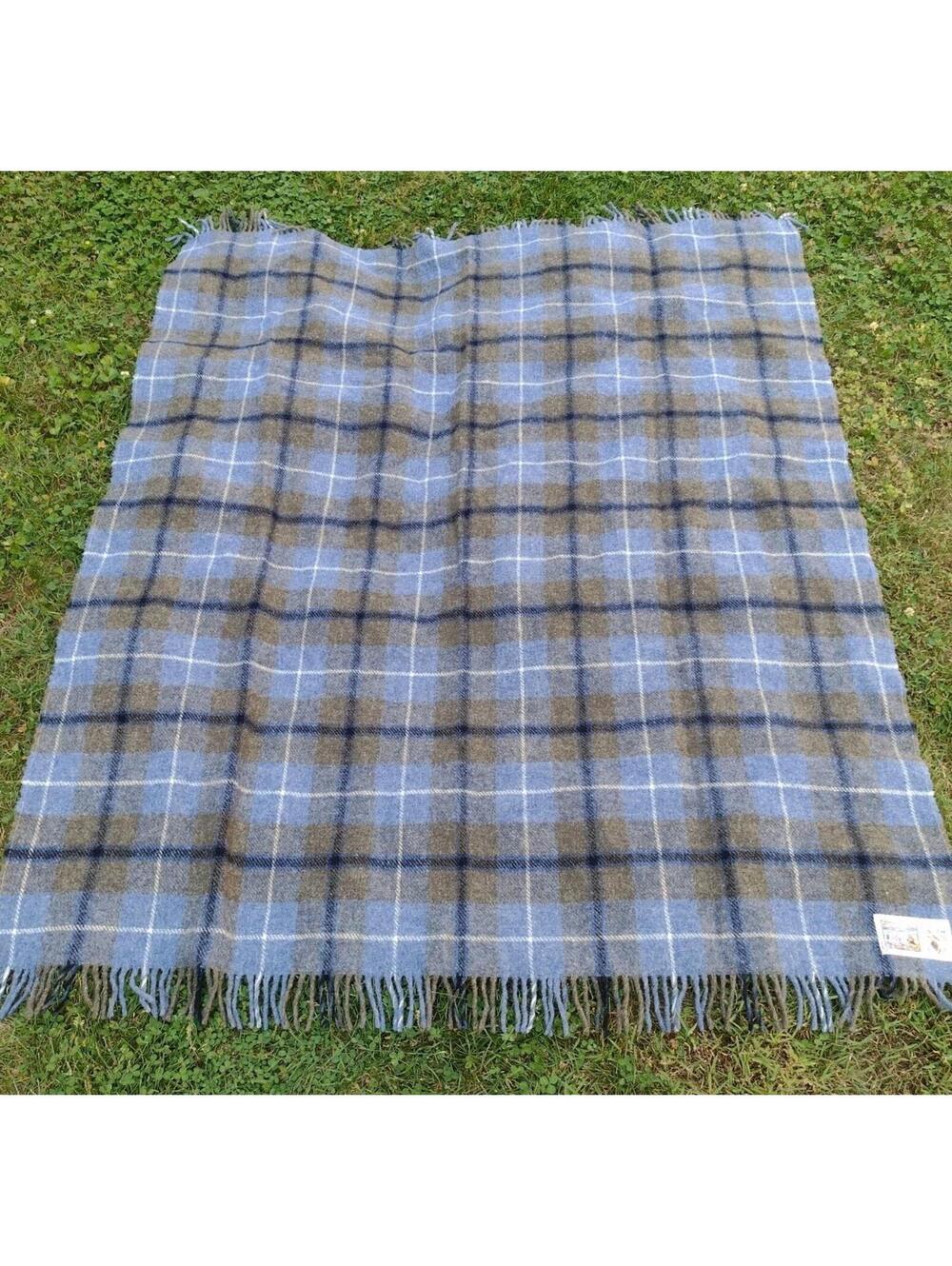 Vintage 70s Scottish Wool Tartan Throw Blue Gray Hebridean Rug Cottagecore 56x70
